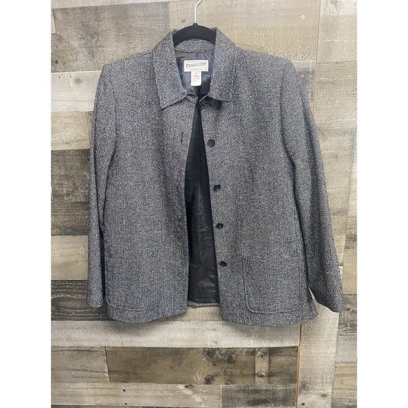 Pendleton Wool Blend Tweed Black White Button Blazer Jacket Women's 10 - Picture 2 of 7